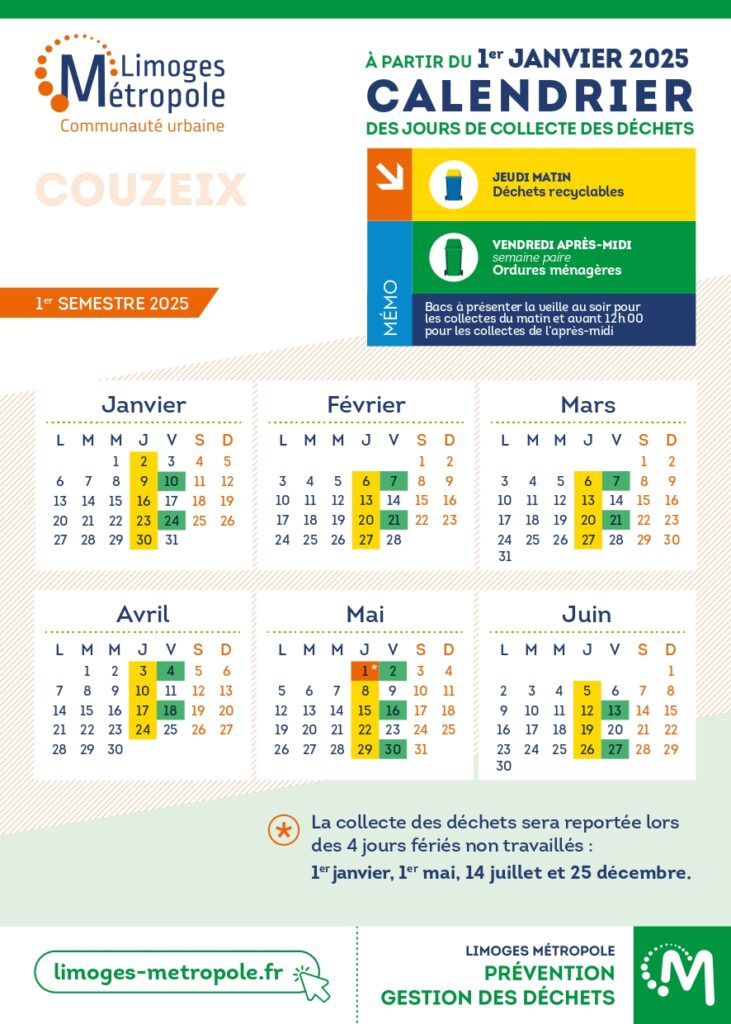 Calendrier collecte janvier à juin