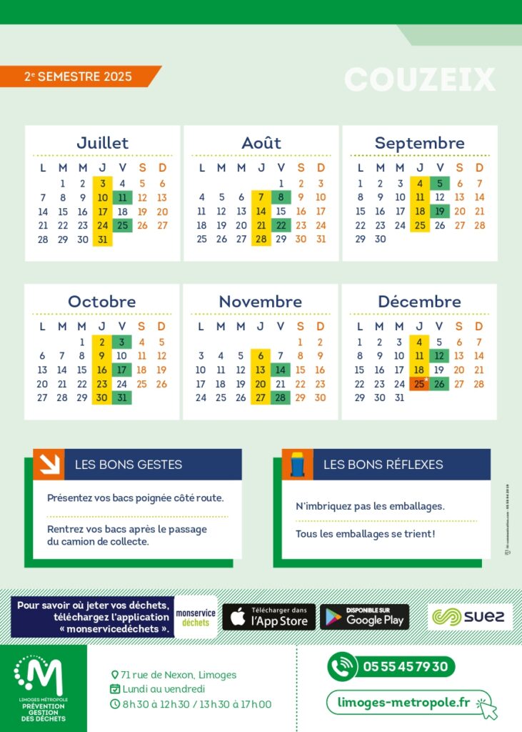 Calendrier collecte juillet à décembre